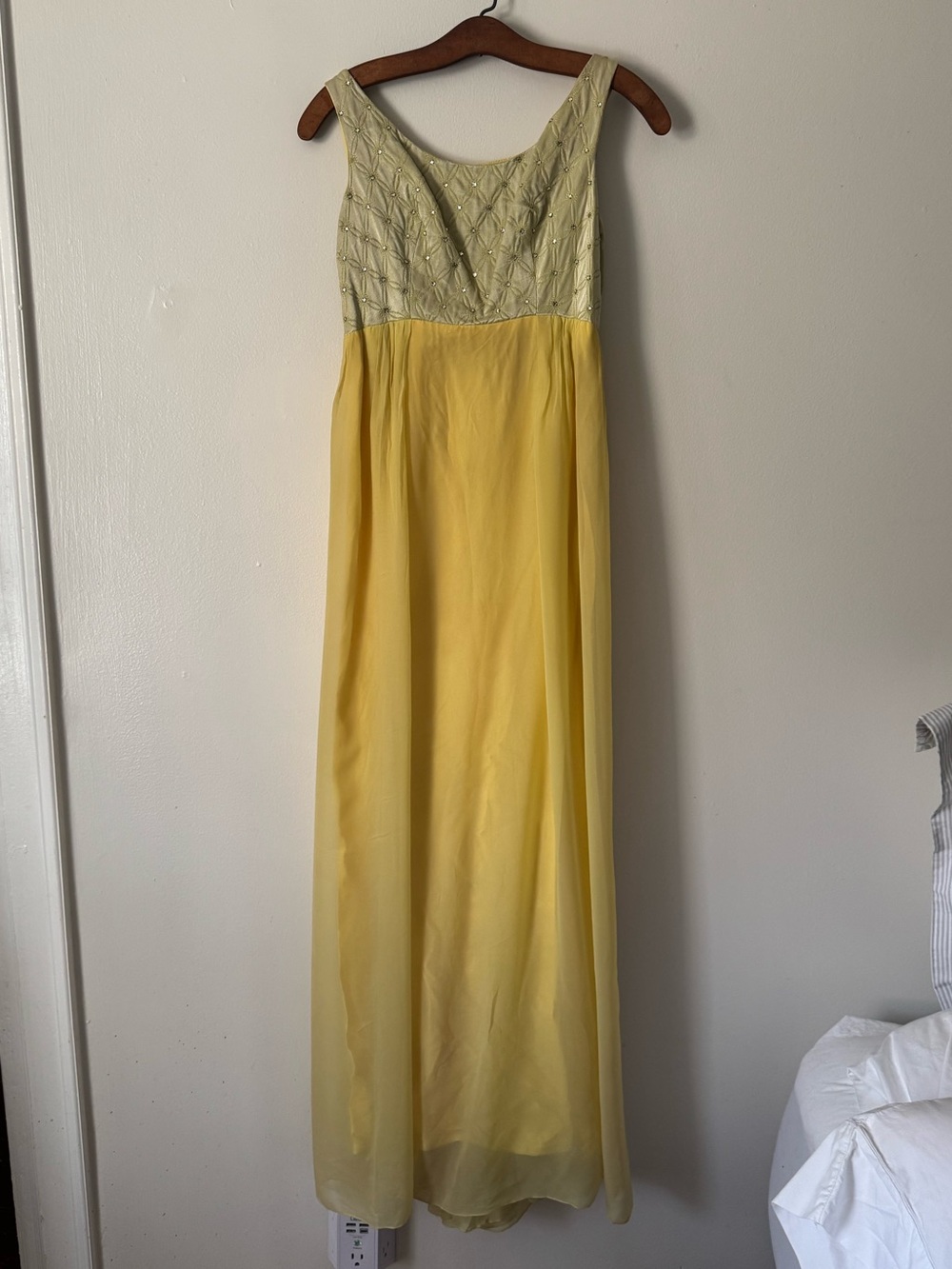 Vintage 1960s Empire Waist Rhinestone Embellished Chiffon Lemon Gown